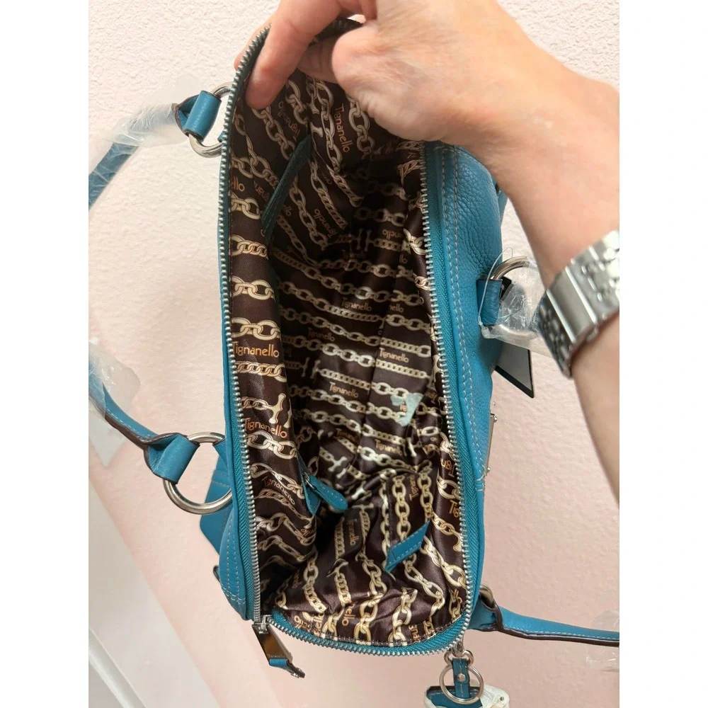Tignanello Womens Satchel Large Teal Leather Dome Bag Matching Wristlet NWT